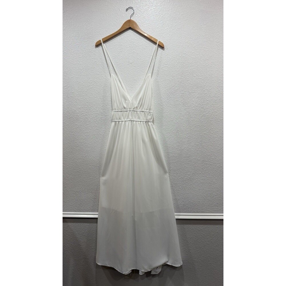 White Maxi Dress Size L Spaghetti Strap V Neck Open Back Ruched Waist
